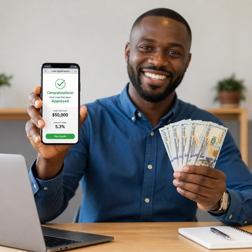 Borrower holding a phone showing an approved TribalLoans installment loan application
